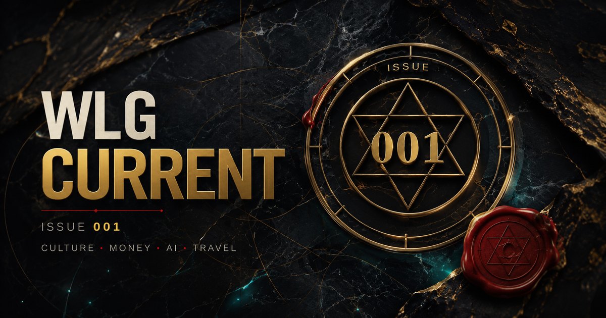 WLG CURRENT Issue 001 cover — gold hermetic seal and red wax seal on black marble.