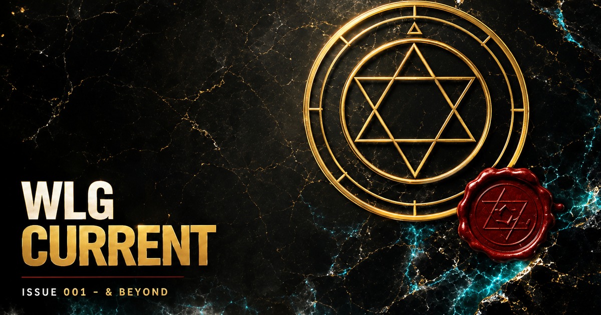 WLG CURRENT Issue 002 — gold hermetic seal and red wax seal on black marble.